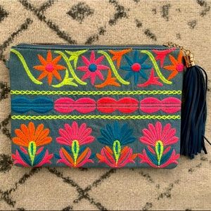 Vieta Blue Embroidered Clutch With Tassel
